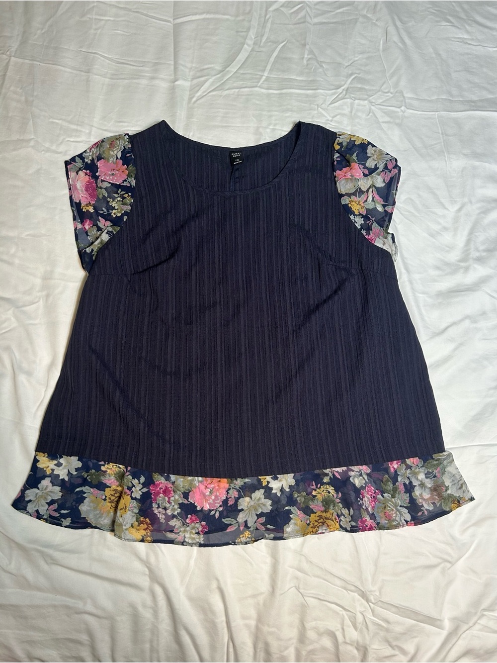 Navy Floral-Trim Cap Sleeve Blouse